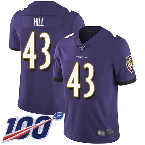 Baltimore Ravens Limited Purple Men Justice Hill Home Jersey NFL Football #43 100th Season Vapor Untouchable->youth nfl jersey->Youth Jersey